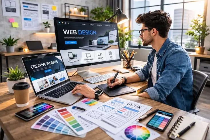 Professional business website displayed on a laptop with responsive web design and digital marketing elements.
